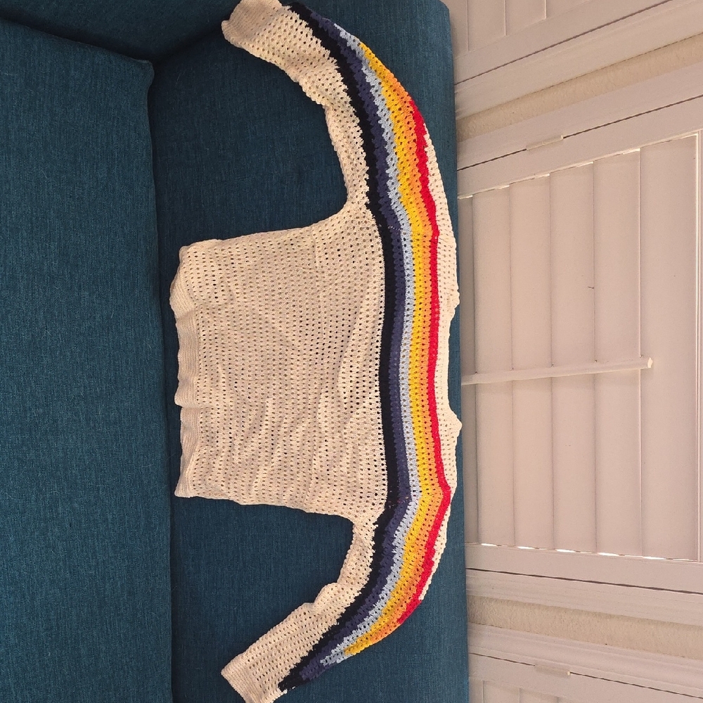 Crochet Rainbow Stripe Open-Weave Sweater - Ivory with Rainbow Accents
